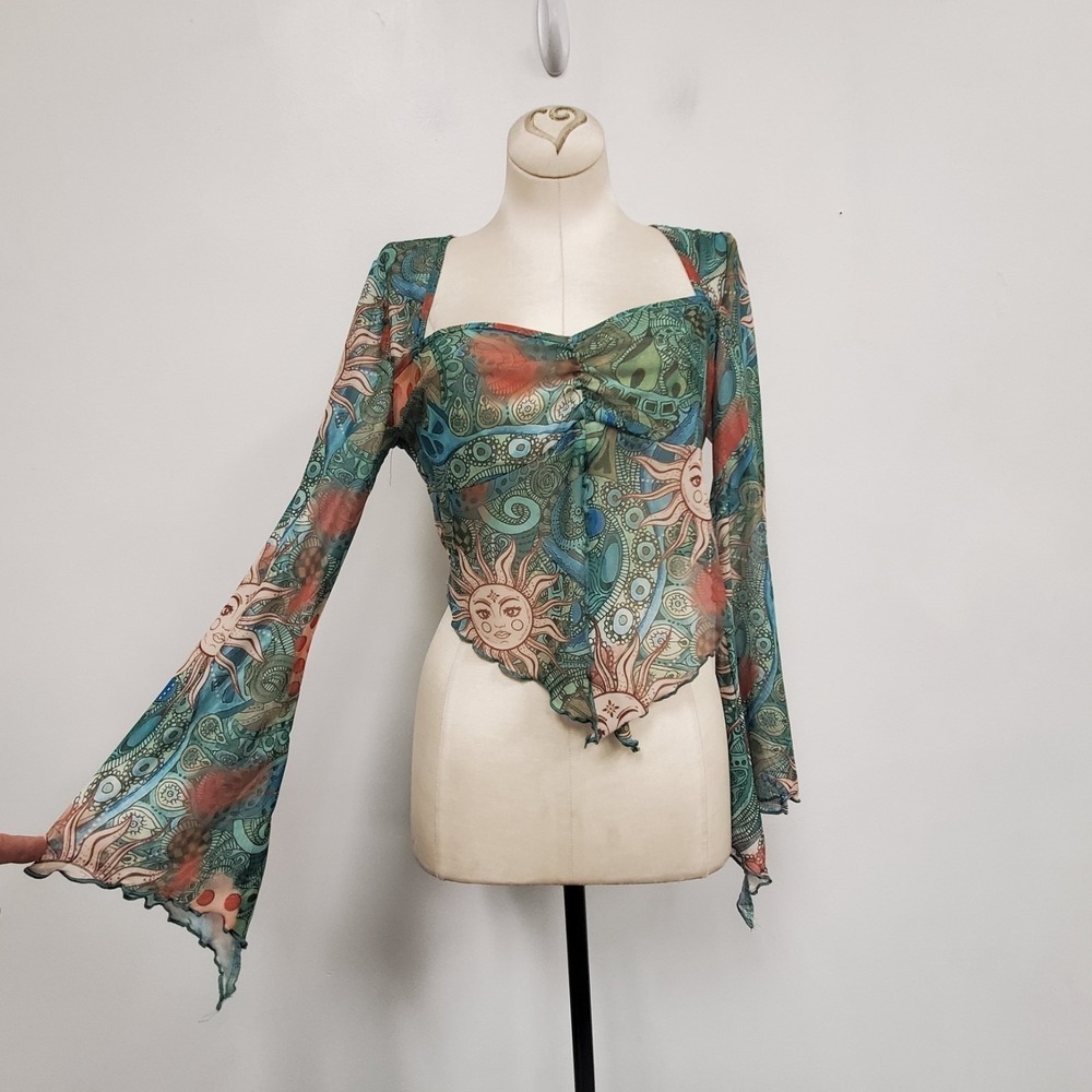 Boho Flare Sleeve Celestrial Sun Top Size L Babydoll Split Lettuce Hem Y2K